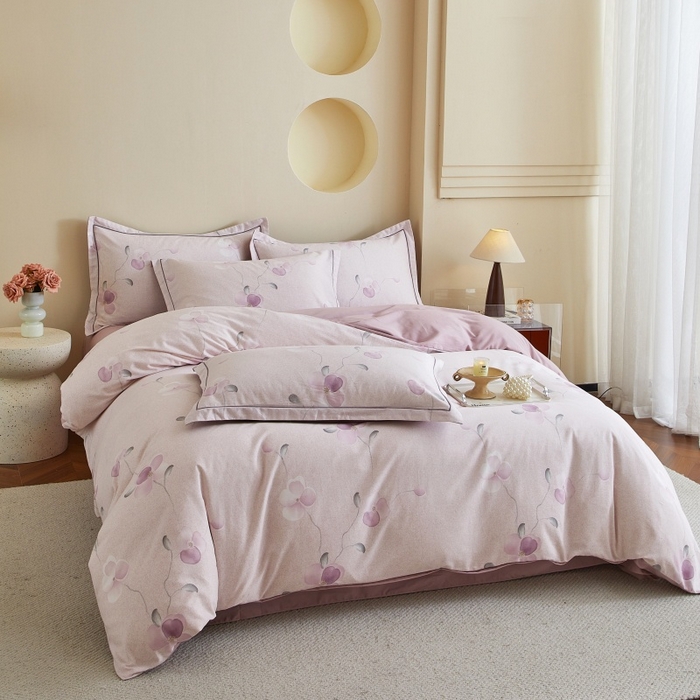 91家纺网 家纺一手货源 找家纺 沐白家居 2025新款全棉生态磨毛四件套春暖花开-紫