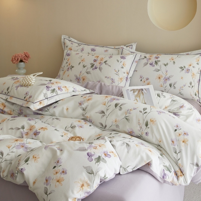 91家纺网 家纺一手货源 找家纺 沐白家居 2025新款全棉生态磨毛四件套花茉里-米白