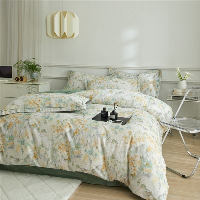 91家纺网 家纺一手货源 找家纺 沐白家居 2025新款全棉生态磨毛四件套半亩花田-绿