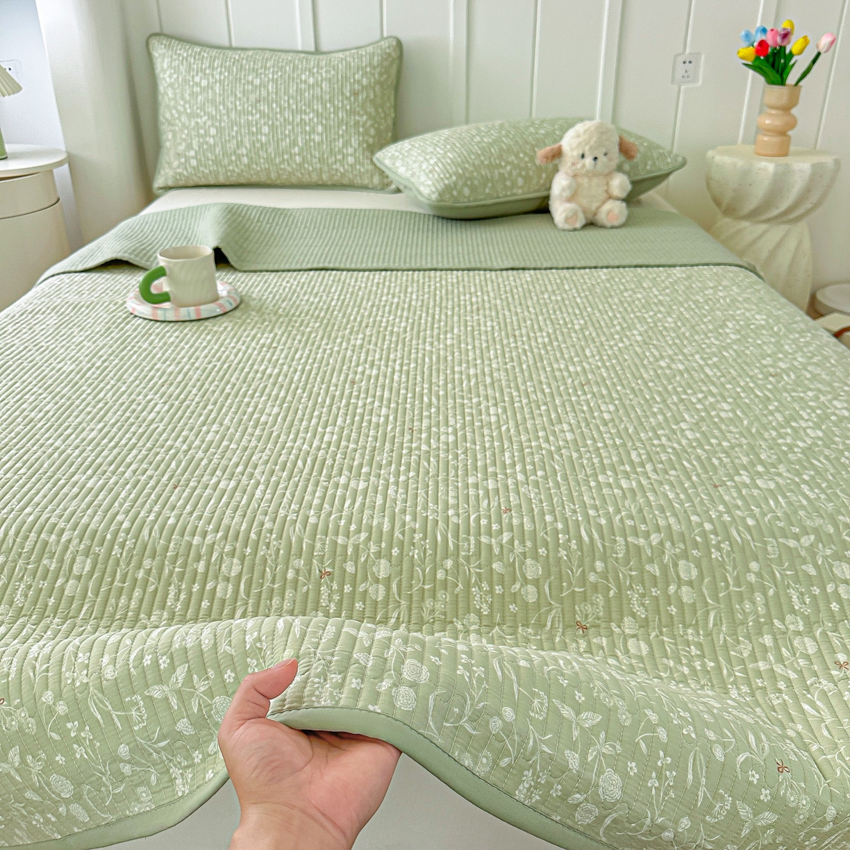 91家纺网 家纺一手货源 找家纺 橘夏家纺 2025新款全棉床盖三件套 悠然绿