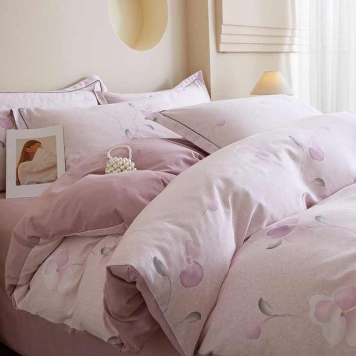 91家纺网 家纺一手货源 找家纺 沐白家居 2025新款全棉生态磨毛四件套春暖花开-紫