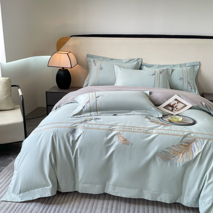 91家纺网 家纺一手货源 找家纺 桃园 2025新款纯棉全棉长绒棉磨毛四件套不掉毛-羽翼 （高端礼盒） 羽翼-飘蓝