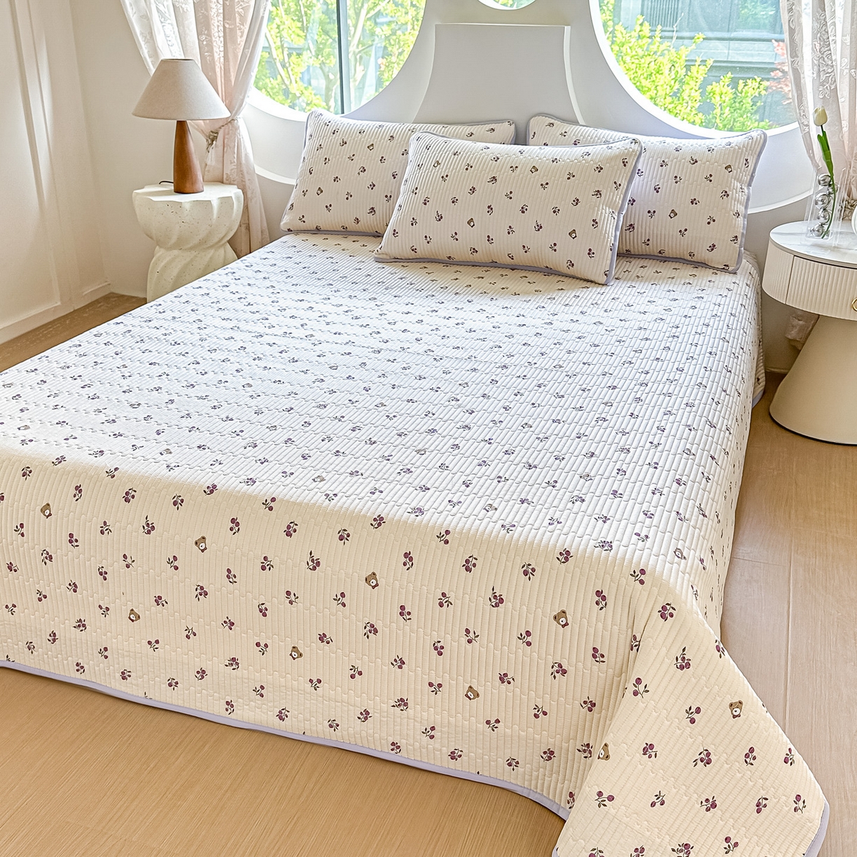 91家纺网 家纺一手货源 找家纺 橘夏家纺 2025新款全棉床盖三件套 樱桃小熊