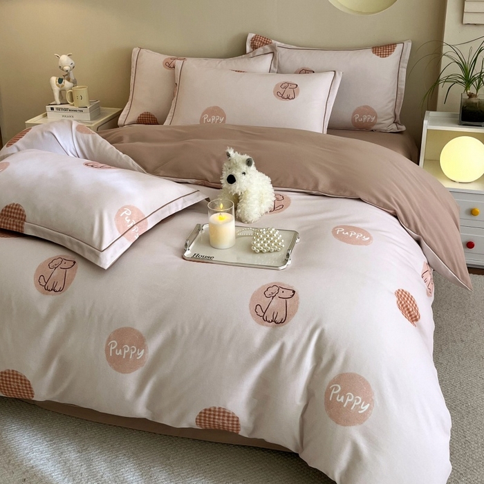 91家纺网 家纺一手货源 找家纺 沐白家居 2025新款全棉生态磨毛四件套小狗puppy