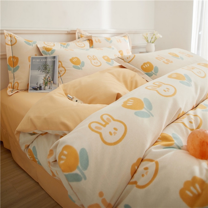 91家纺网 家纺一手货源 找家纺 沐白家居 2025新款全棉生态磨毛四件套童心郁兔-桔