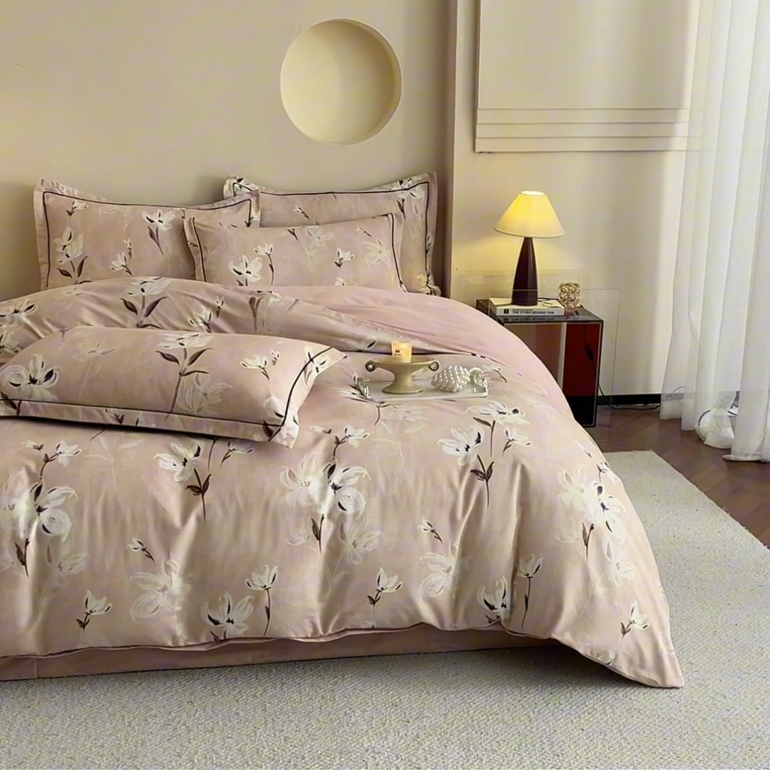 91家纺网 家纺一手货源 找家纺 沐白家居 2025新款全棉生态磨毛四件套锦瑟-豆沙