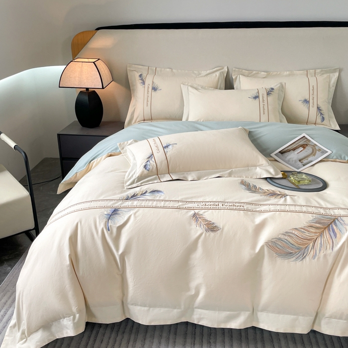 91家纺网 家纺一手货源 找家纺 桃园 2025新款纯棉全棉长绒棉磨毛四件套不掉毛-羽翼 （高端礼盒） 羽翼-白兰