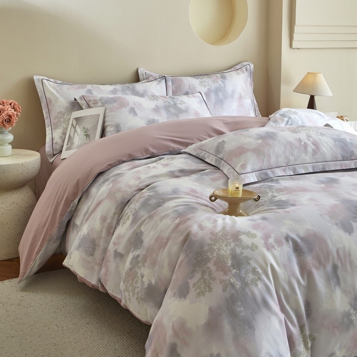 91家纺网 家纺一手货源 找家纺 沐白家居 2025新款全棉生态磨毛四件套幻影-粉