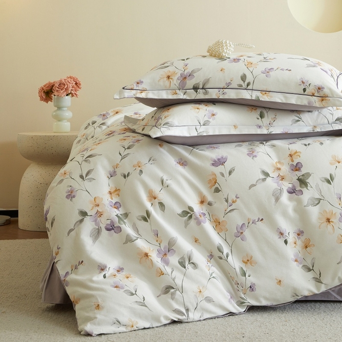 91家纺网 家纺一手货源 找家纺 沐白家居 2025新款全棉生态磨毛四件套花茉里-米白