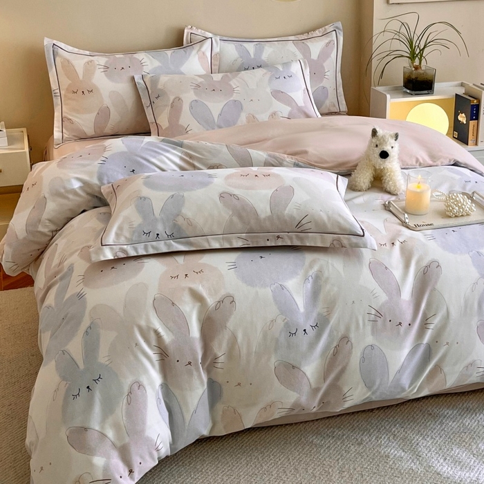 91家纺网 家纺一手货源 找家纺 沐白家居 2025新款全棉生态磨毛四件套萌萌兔-粉