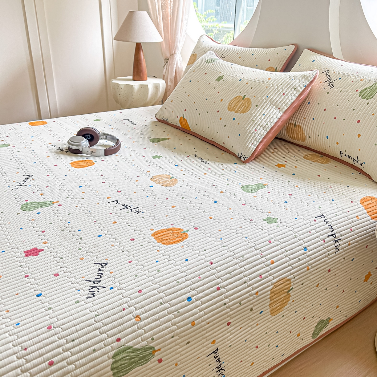 91家纺网 家纺一手货源 找家纺 橘夏家纺 2025新款全棉床盖三件套 南瓜派对