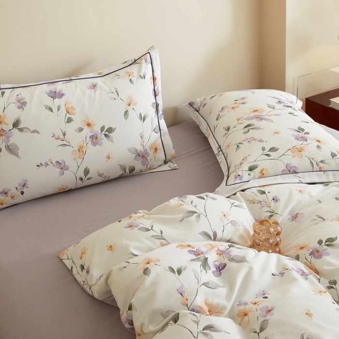 91家纺网 家纺一手货源 找家纺 沐白家居 2025新款全棉生态磨毛四件套花茉里-米白