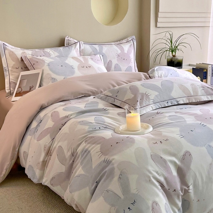 91家纺网 家纺一手货源 找家纺 沐白家居 2025新款全棉生态磨毛四件套萌萌兔-粉