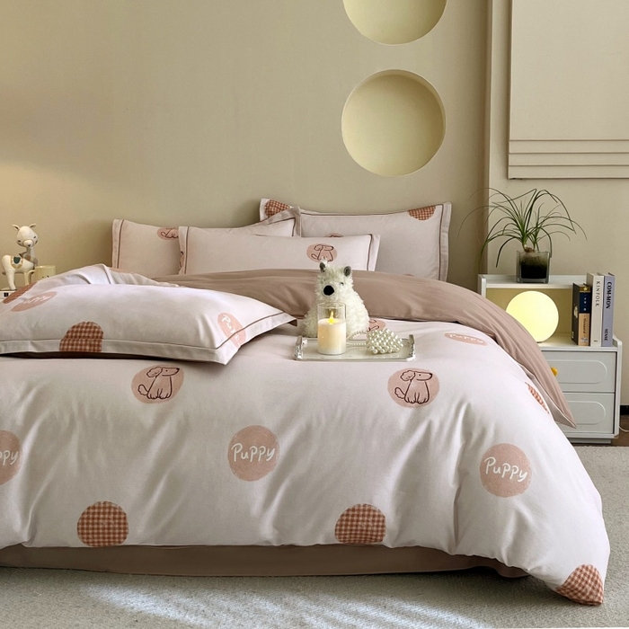 91家纺网 家纺一手货源 找家纺 沐白家居 2025新款全棉生态磨毛四件套小狗puppy