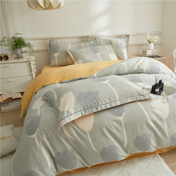 91家纺网 家纺一手货源 找家纺 沐白家居 2025新款全棉生态磨毛四件套人间茶白-灰