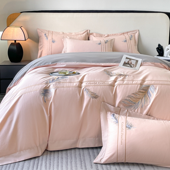 91家纺网 家纺一手货源 找家纺 桃园 2025新款纯棉全棉长绒棉磨毛四件套不掉毛-羽翼 （高端礼盒） 羽翼-豆沙粉