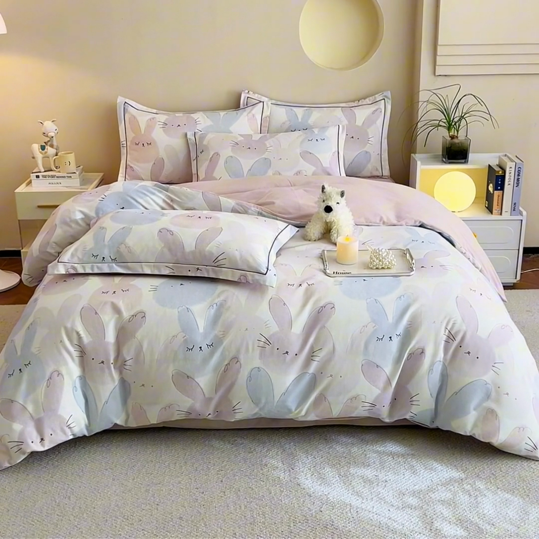 91家纺网 家纺一手货源 找家纺 沐白家居 2025新款全棉生态磨毛四件套萌萌兔-粉