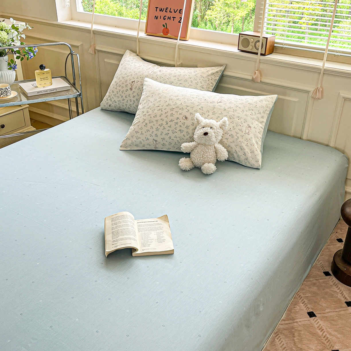 91家纺网 家纺一手货源 找家纺 麦伦家居 2025春夏新款全棉纯棉斜纹40s13372系列-小清新卡通 蓝心兔