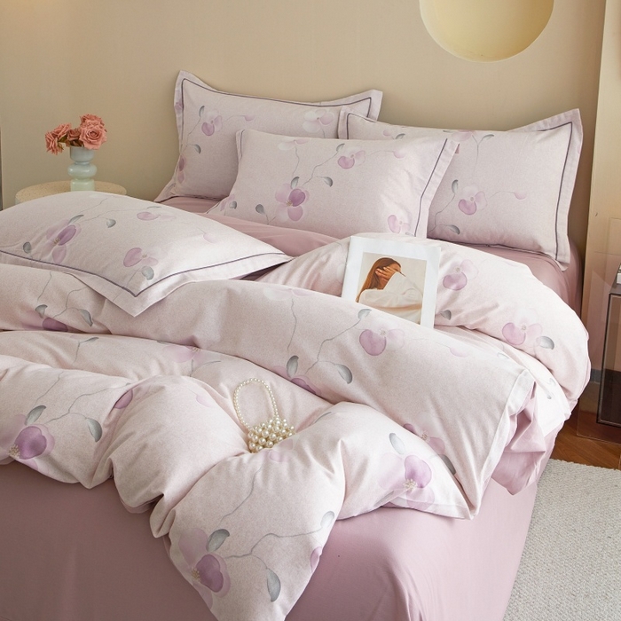 91家纺网 家纺一手货源 找家纺 沐白家居 2025新款全棉生态磨毛四件套春暖花开-紫