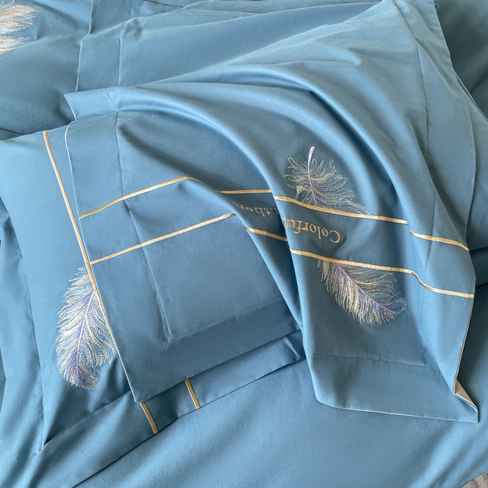 91家纺网 家纺一手货源 找家纺 桃园 2025新款纯棉全棉长绒棉磨毛四件套不掉毛-羽翼 （高端礼盒） 羽翼-宾利蓝