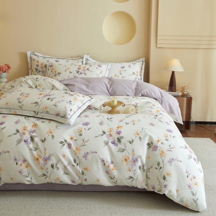 91家纺网 家纺一手货源 找家纺 沐白家居 2025新款全棉生态磨毛四件套花茉里-米白