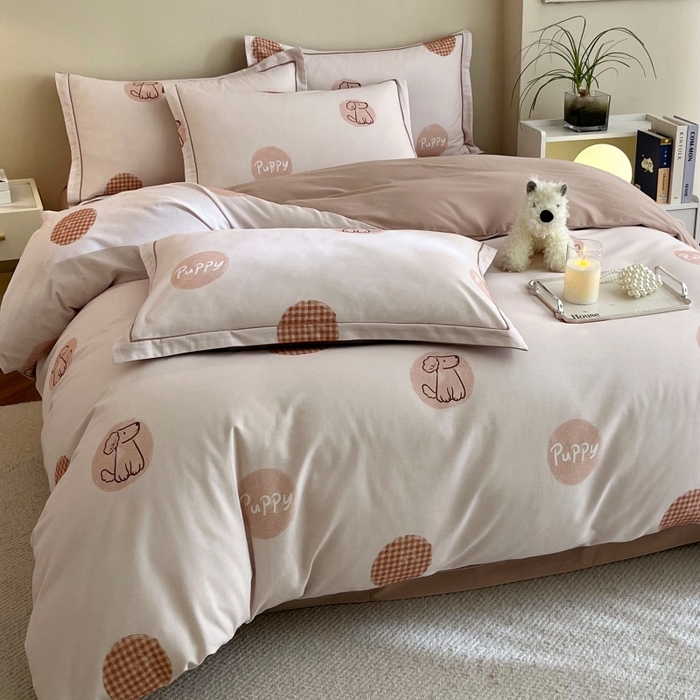 91家纺网 家纺一手货源 找家纺 沐白家居 2025新款全棉生态磨毛四件套小狗puppy