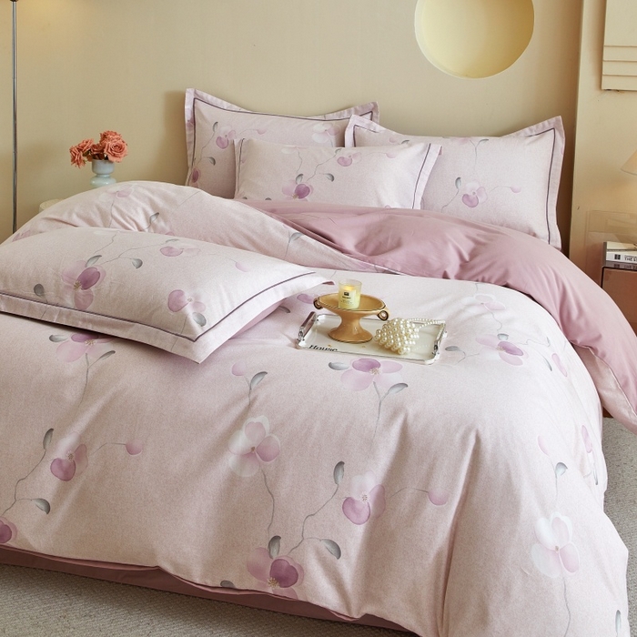 91家纺网 家纺一手货源 找家纺 沐白家居 2025新款全棉生态磨毛四件套春暖花开-紫