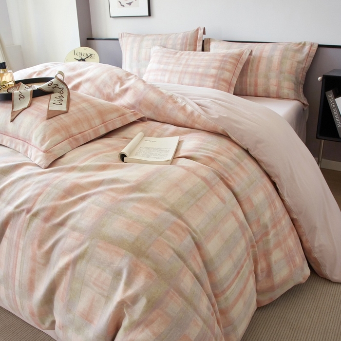 91家纺网 家纺一手货源 找家纺 沐白家居 2025新款全棉生态磨毛四件套彩虹格-粉