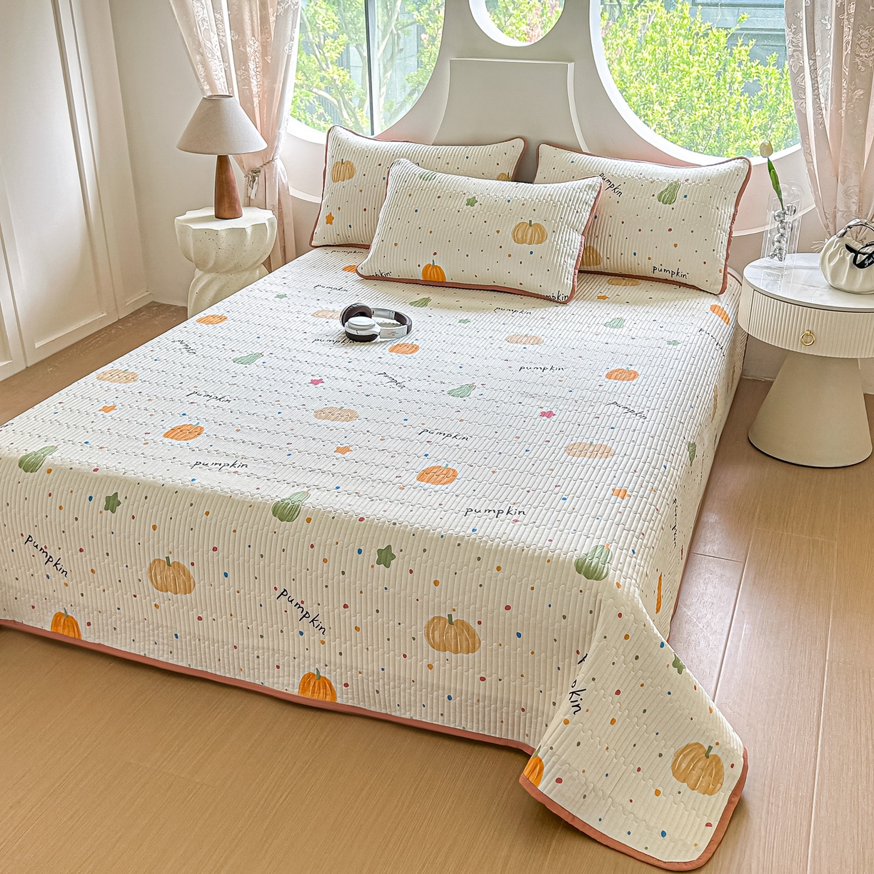 91家纺网 家纺一手货源 找家纺 橘夏家纺 2025新款全棉床盖三件套 南瓜派对