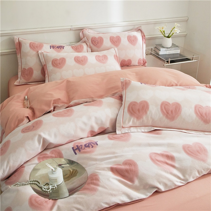 91家纺网 家纺一手货源 找家纺 沐白家居 2025新款全棉生态磨毛四件套心心相印-粉