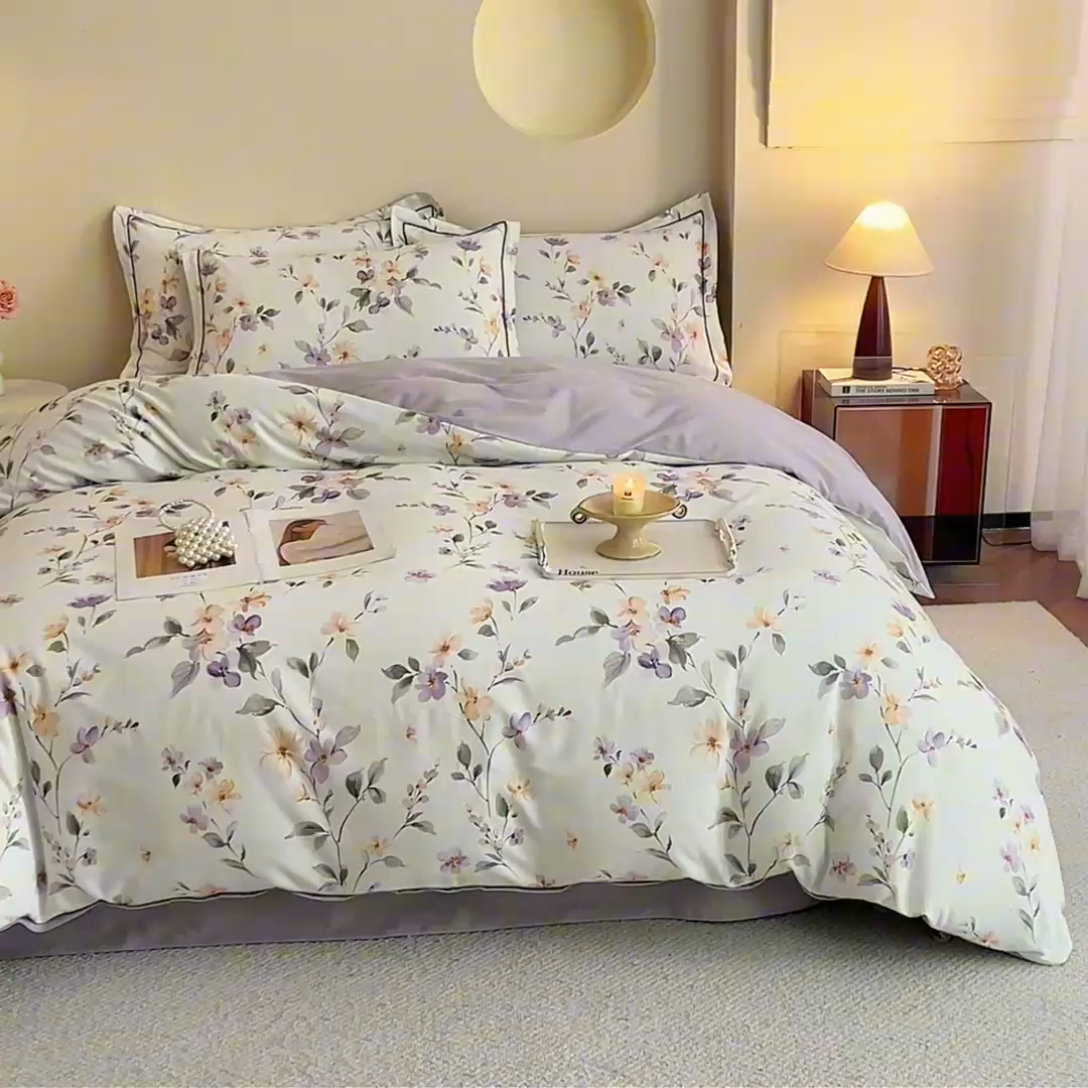 91家纺网 家纺一手货源 找家纺 沐白家居 2025新款全棉生态磨毛四件套花茉里-米白