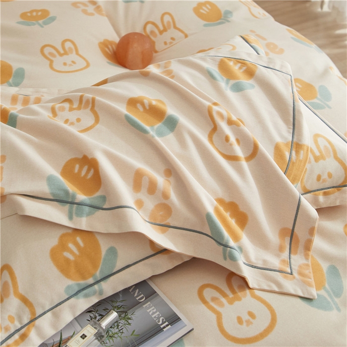 91家纺网 家纺一手货源 找家纺 沐白家居 2025新款全棉生态磨毛四件套童心郁兔-桔