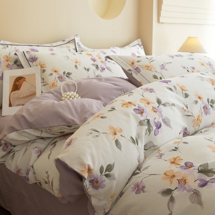 91家纺网 家纺一手货源 找家纺 沐白家居 2025新款全棉生态磨毛四件套花茉里-米白