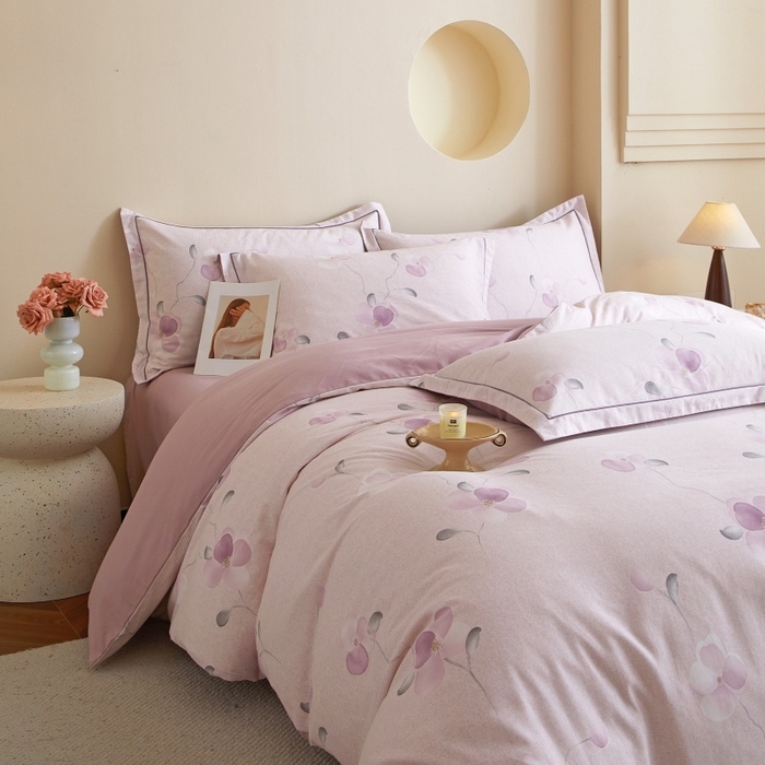 91家纺网 家纺一手货源 找家纺 沐白家居 2025新款全棉生态磨毛四件套春暖花开-紫