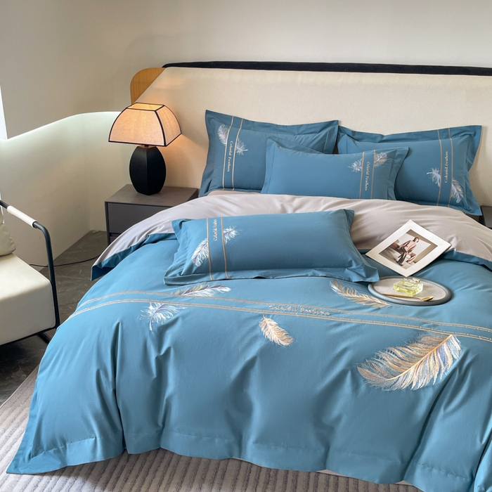 91家纺网 家纺一手货源 找家纺 桃园 2025新款纯棉全棉长绒棉磨毛四件套不掉毛-羽翼 （高端礼盒） 羽翼-宾利蓝