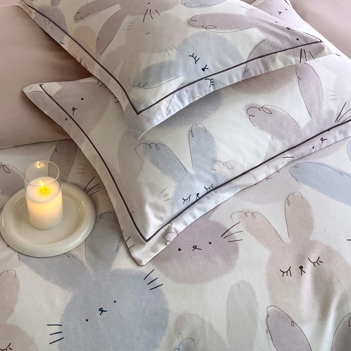 91家纺网 家纺一手货源 找家纺 沐白家居 2025新款全棉生态磨毛四件套萌萌兔-粉