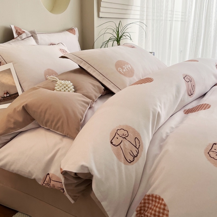 91家纺网 家纺一手货源 找家纺 沐白家居 2025新款全棉生态磨毛四件套小狗puppy