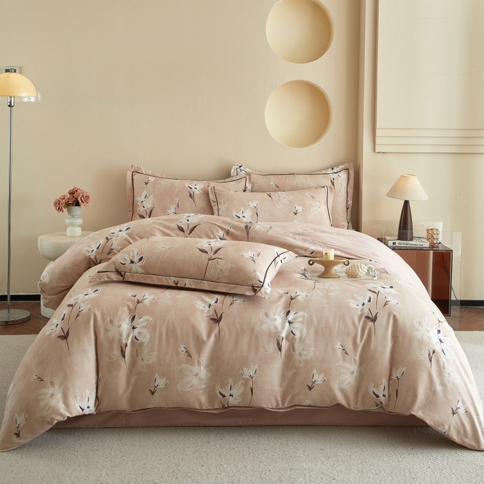 91家纺网 家纺一手货源 找家纺 沐白家居 2025新款全棉生态磨毛四件套锦瑟-豆沙