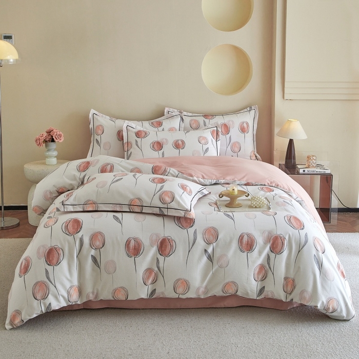 91家纺网 家纺一手货源 找家纺 沐白家居 2025新款全棉生态磨毛四件套遇见你-粉