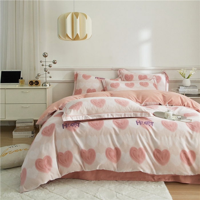 91家纺网 家纺一手货源 找家纺 沐白家居 2025新款全棉生态磨毛四件套心心相印-粉