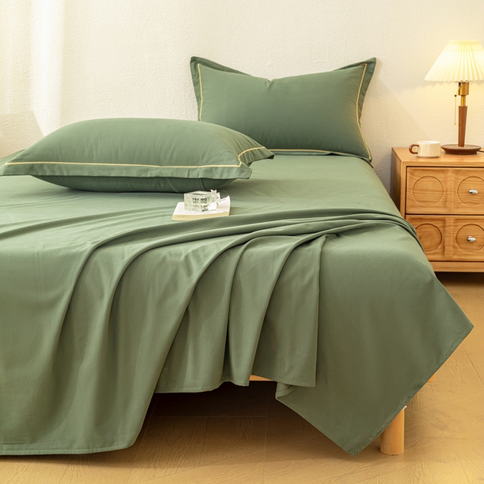 91家纺网 家纺一手货源 找家纺 2025新款A类100%全棉纯色加厚磨毛枕套+床单单件/简约组合 磨毛-军绿色