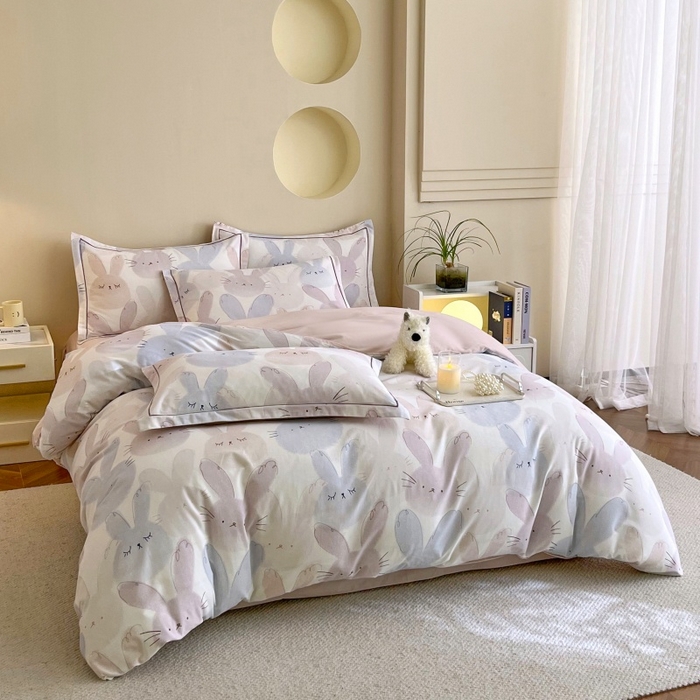 91家纺网 家纺一手货源 找家纺 沐白家居 2025新款全棉生态磨毛四件套萌萌兔-粉