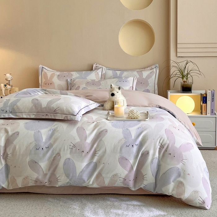 91家纺网 家纺一手货源 找家纺 沐白家居 2025新款全棉生态磨毛四件套萌萌兔-粉