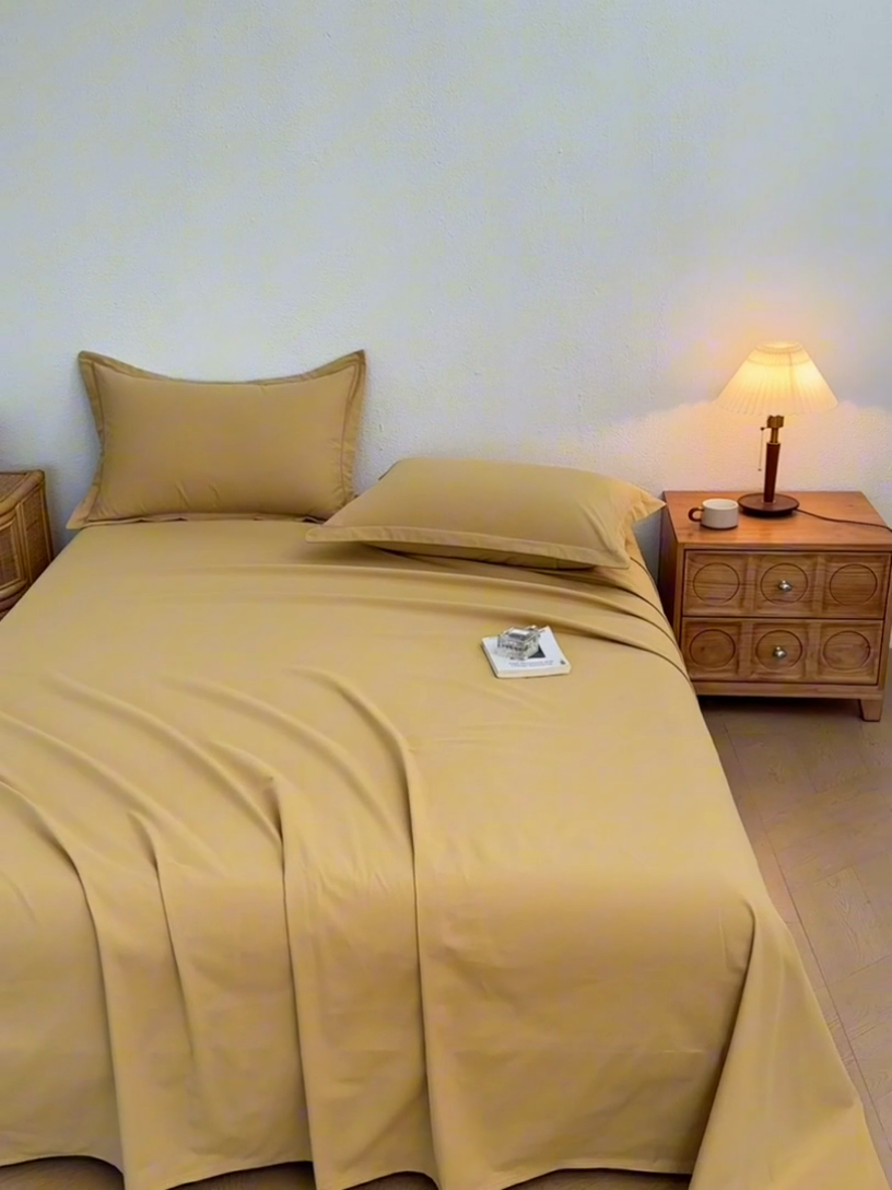 91家纺网 家纺一手货源 找家纺 2025新款A类100%全棉纯色加厚磨毛枕套+床单单件/简约组合 磨毛-暖姜黄