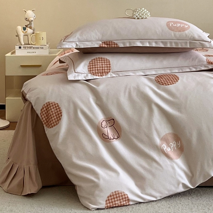 91家纺网 家纺一手货源 找家纺 沐白家居 2025新款全棉生态磨毛四件套小狗puppy