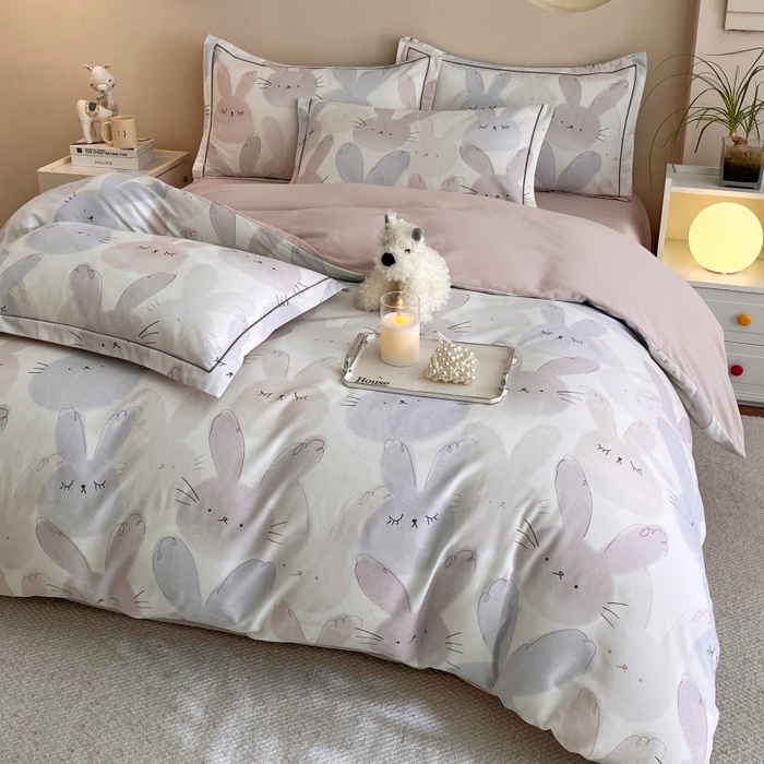 91家纺网 家纺一手货源 找家纺 沐白家居 2025新款全棉生态磨毛四件套萌萌兔-粉