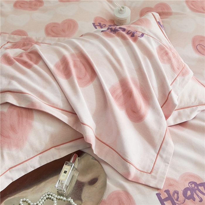 91家纺网 家纺一手货源 找家纺 沐白家居 2025新款全棉生态磨毛四件套心心相印-粉