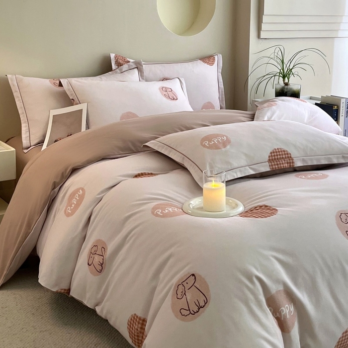 91家纺网 家纺一手货源 找家纺 沐白家居 2025新款全棉生态磨毛四件套小狗puppy