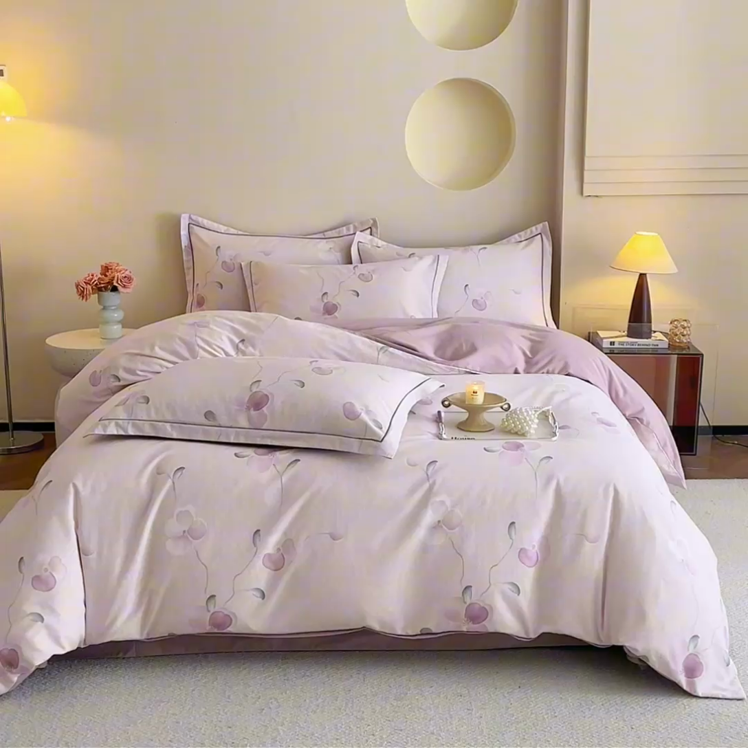 91家纺网 家纺一手货源 找家纺 沐白家居 2025新款全棉生态磨毛四件套春暖花开-紫