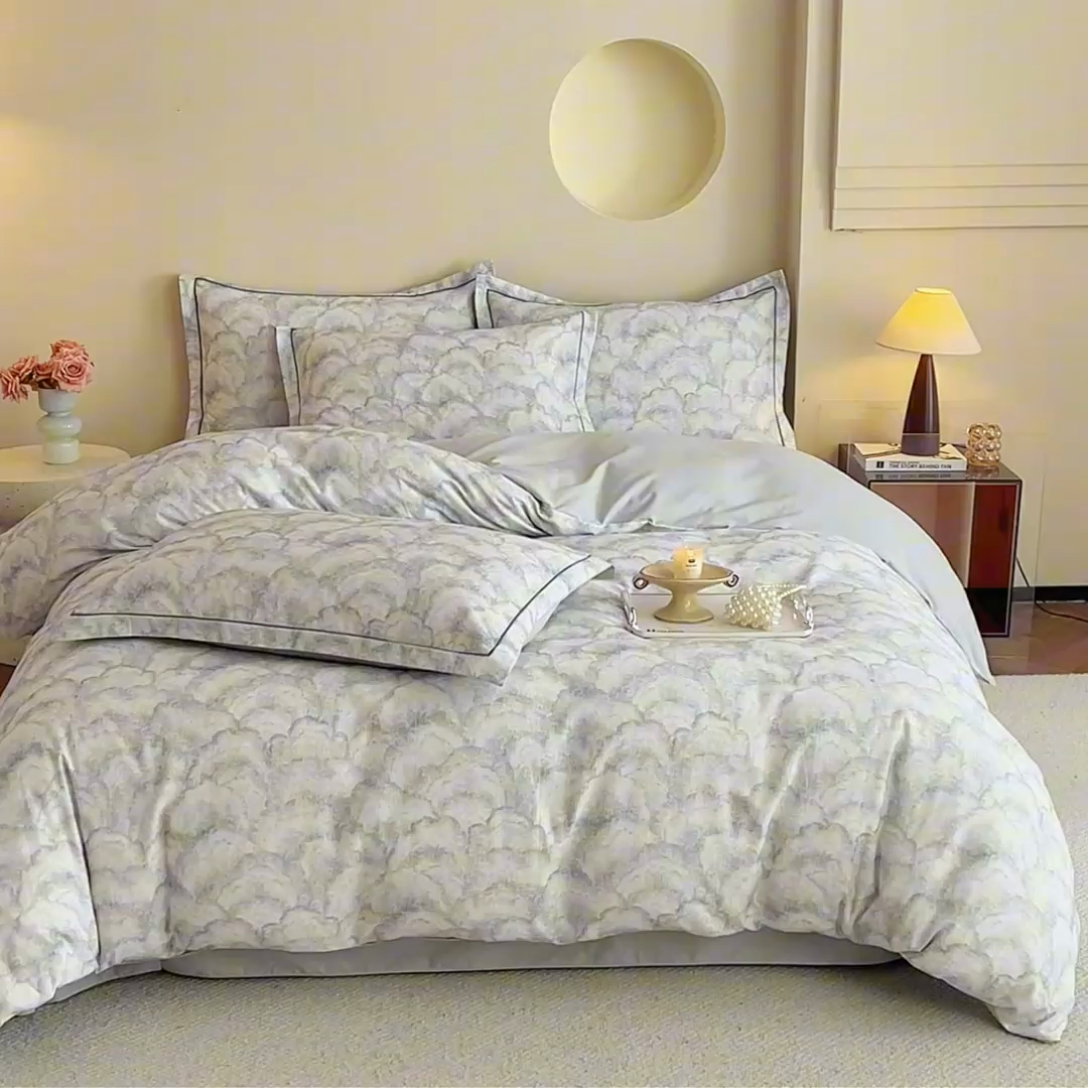 91家纺网 家纺一手货源 找家纺 沐白家居 2025新款全棉生态磨毛四件套雾林-浅灰